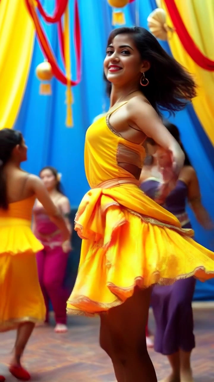Subject: A group of dancers, including Priya, joyfully dancing together, sharing energy and smiles. Subject movement: They move in unison, spinning and leaping with vibrant enthusiasm. Scene: A lively and colorful dance studio filled with bright decorations and dynamic lighting. Style: Warm, inviting light illuminating the dancers' vibrant outfits. Motion: The camera gently rotates around the group, capturing their animated expressions and movements as they engage in a harmonious celebration of dance.