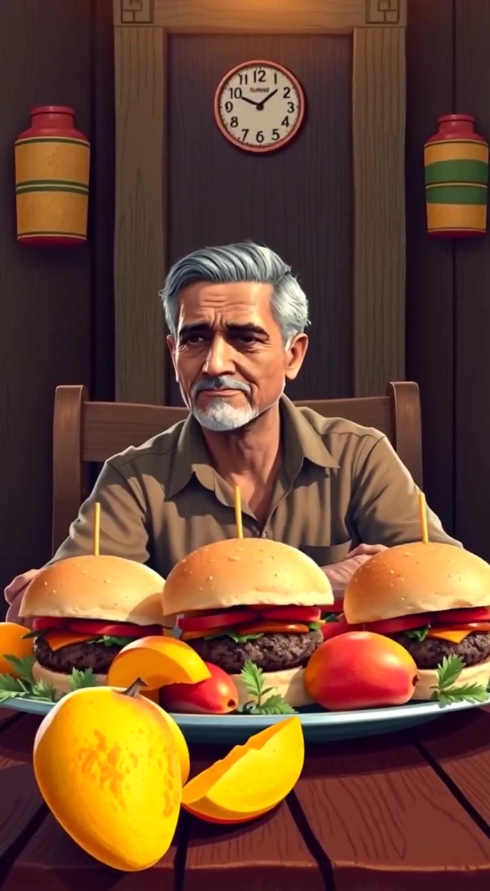 The man reaches for a mango, glancing at the burgers on the rustic wooden table.