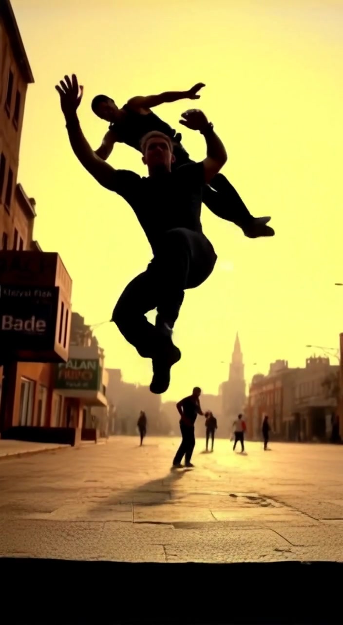 Parkour artists gracefully leap and roll through the urban landscape, showcasing their skill against the city backdrop.
