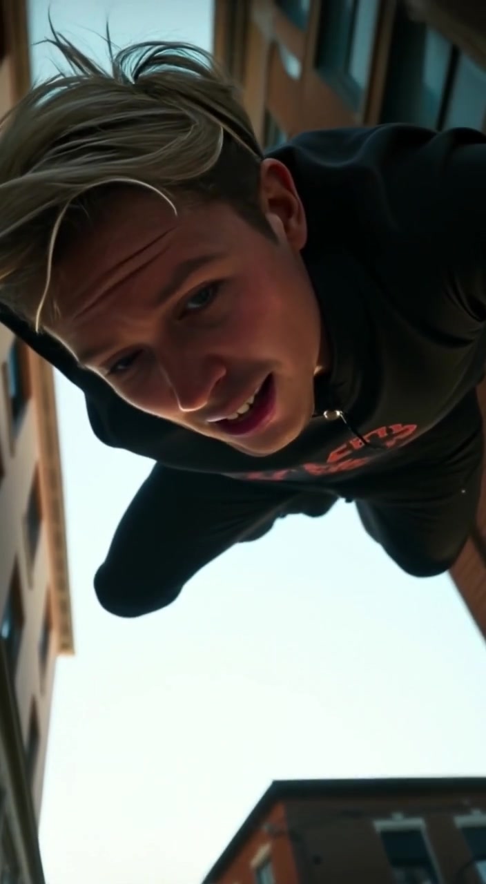 A figure gracefully leaps between tall buildings, the intense expression on their face revealing focus and determination.