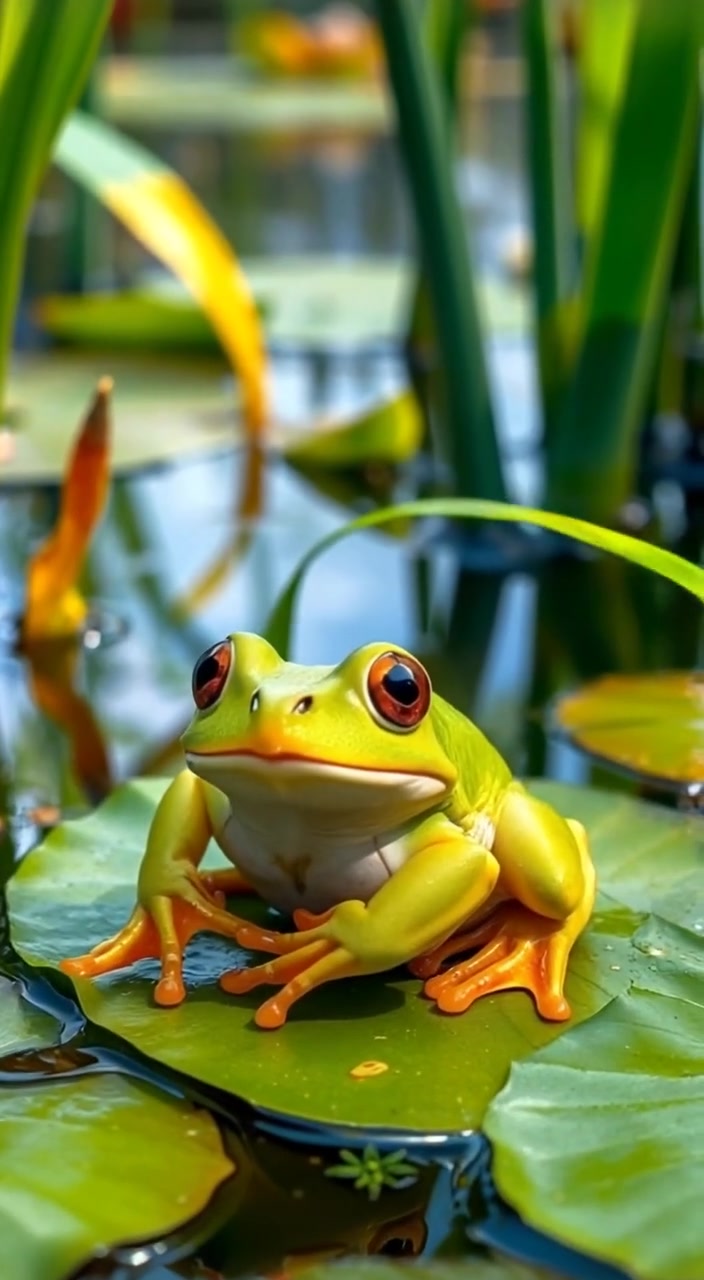 A close-up of Frog with eyes closed, perched on a lily pad surrounded by water and reeds.
