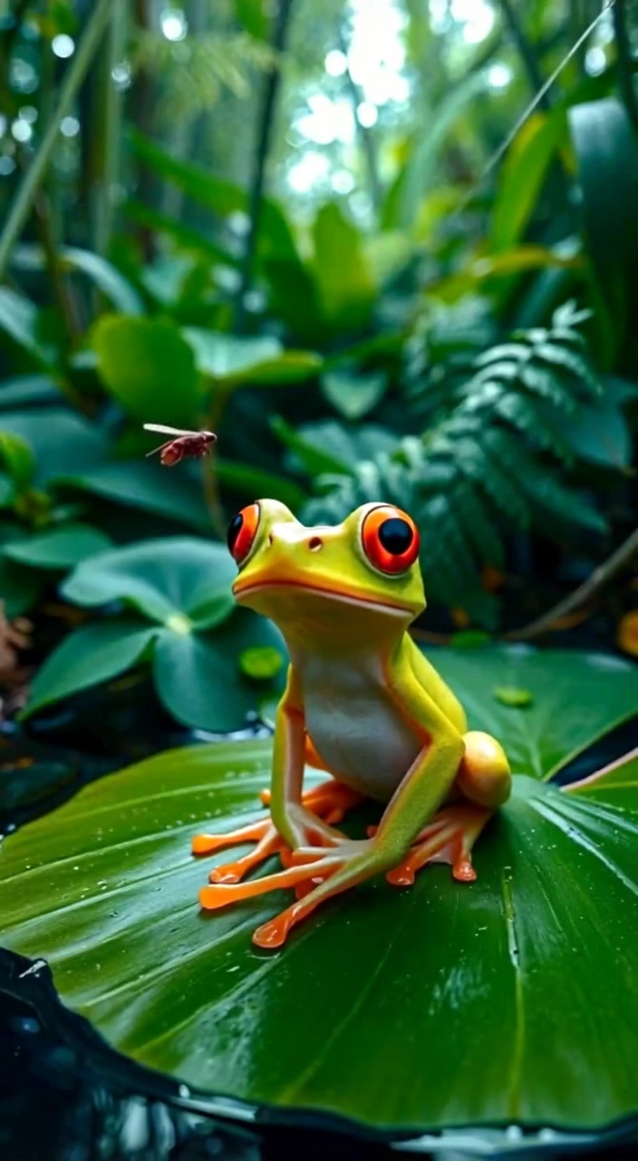 A close-up of Frog sitting on a lily pad, looking curiously at a bug hovering nearby.
