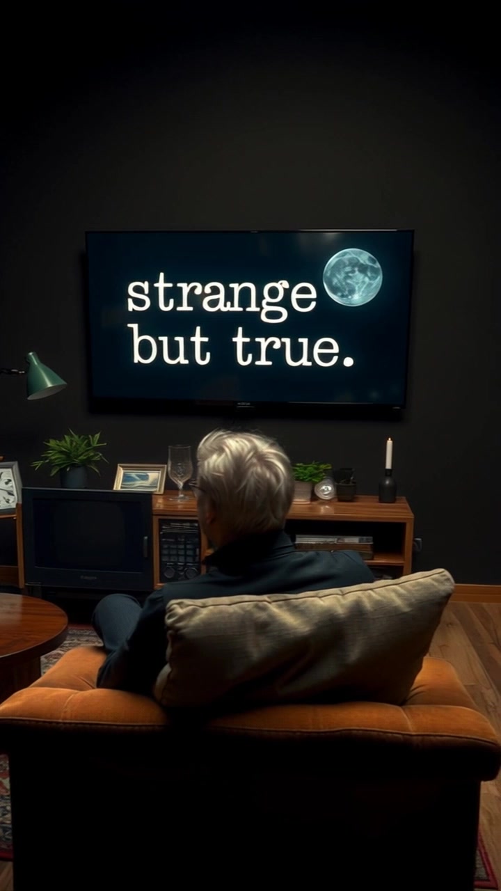 Scene: A cozy living room with comfortable seating arranged around a large TV screen displaying the title 'Strange but True'. Style: Warm ambient lighting creating a welcoming atmosphere. Motion: The camera smoothly pans through the room, capturing the inviting layout and focus on the TV screen as if someone is about to settle in for a movie.