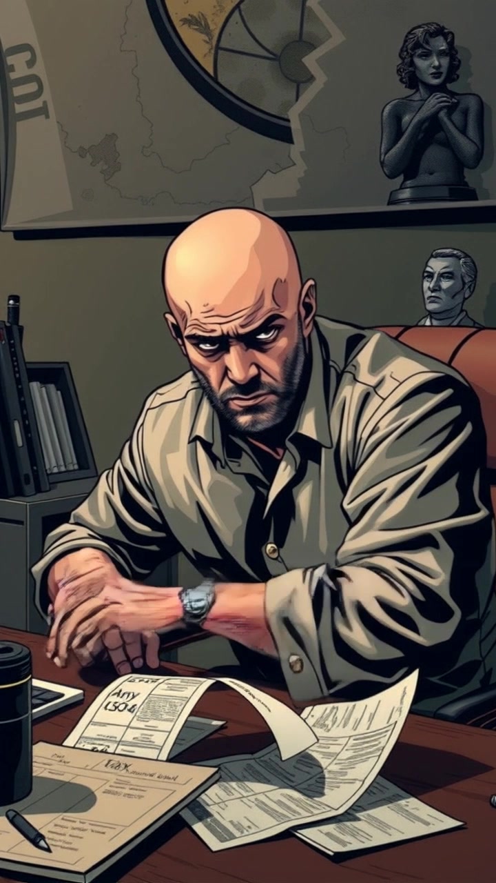 Subject: A middle-aged man sitting at a desk, looking frustrated as he stares at tax papers scattered around him. Subject movement: He leans back in his chair, runs his hands through his hair, and sighs deeply. Scene: A cluttered home office filled with paperwork, a computer screen faintly glowing, and shelves of books in the background. Style: Soft, diffused lighting creating a somber atmosphere. Motion: Camera slowly zooms in on the man's exasperated expression, capturing the tension and frustrations of tax season.