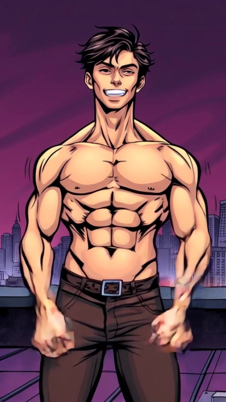 Subject: SuperSincan confidently posing on a rooftop. Subject movement: He strikes a playful pose, flexing his muscles with a grin. Scene: Rooftop setting overlooking a vibrant cityscape, with skyscrapers and a sunset backdrop. Lighting: Warm sunset light illuminating the scene, casting soft shadows. Motion: Camera slowly pushes in from a wide shot to a close-up, capturing the mischievous expression on SuperSincan's face as he showcases his strong build.