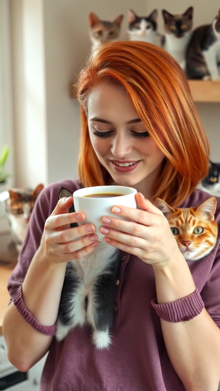 Subject: Emma with red hair, smiling cheerfully while holding a cup of coffee. Subject movement: She takes a gentle sip from her coffee, then sets the cup down on the kitchen counter. Scene: A bright and inviting kitchen filled with sunlight, with modern appliances and houseplants in the background. Lighting: Morning light streams through the windows, enhancing the cozy atmosphere. Motion: The camera performs a smooth push-in to capture Emma's joyful expression as she interacts with her coffee in this cheerful kitchen setting.