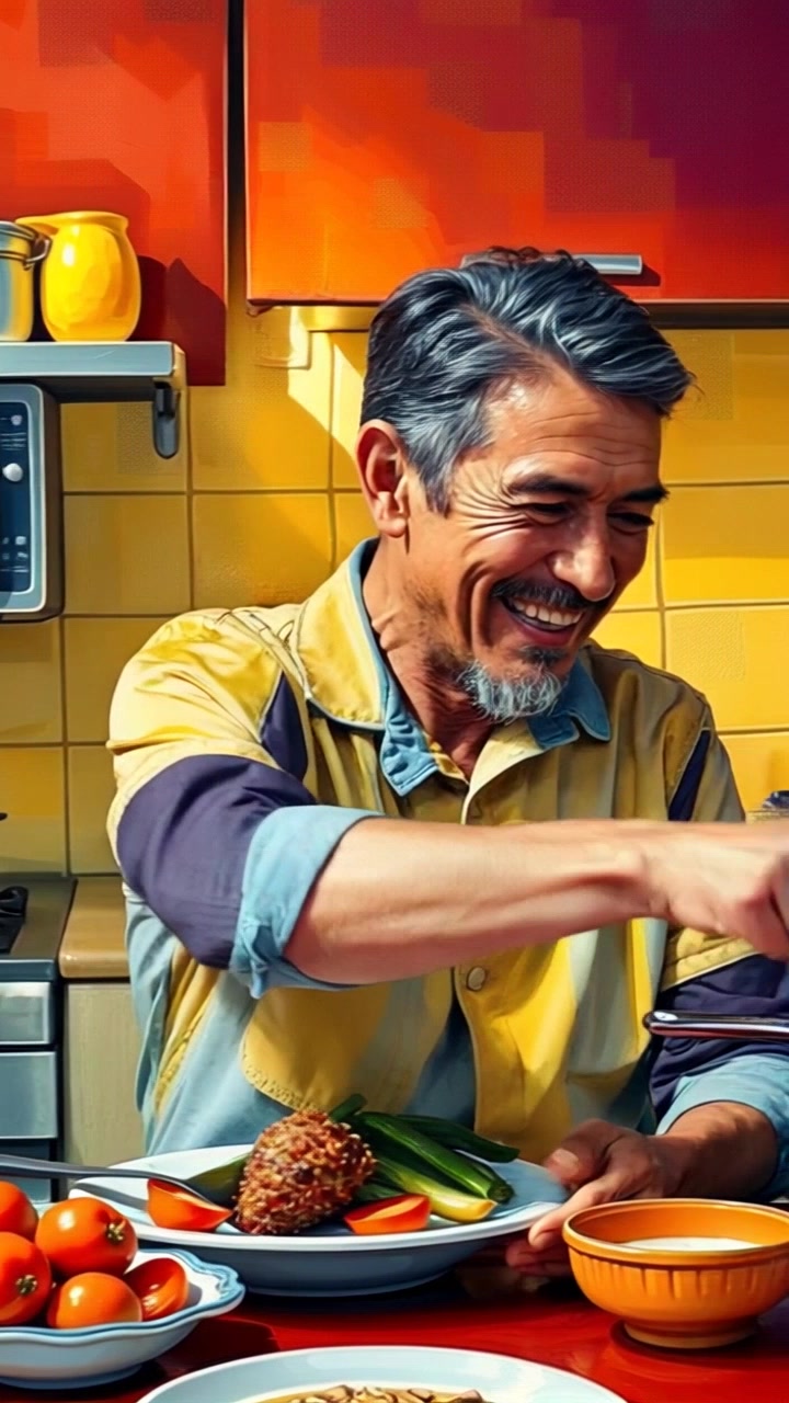 Subject: A cheerful cook savoring a delicious meal in a cozy kitchen. Subject movement: The cook shares a hearty laugh, playfully stirring the pot on the stove. Scene: Warm kitchen, filled with vibrant ingredients and cooking utensils, creating a homely atmosphere. Style: Soft, inviting light illuminating the warm wood accents and colorful vegetables. Motion: The camera gently pans around the cook, capturing the joyful moments and details of the meal preparation.