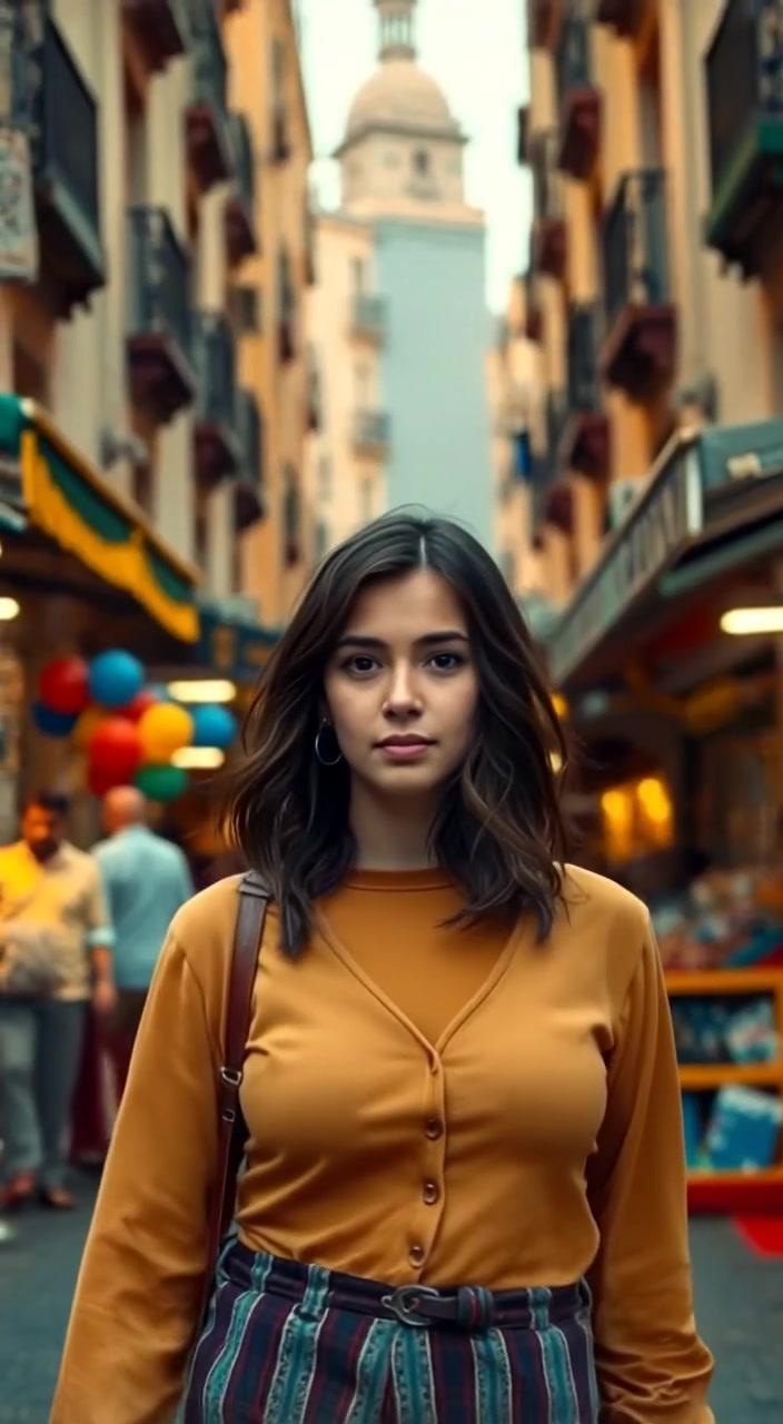The woman strolls naturally through vibrant markets, glancing around at colorful stalls and tall buildings in bustling Casablanca.