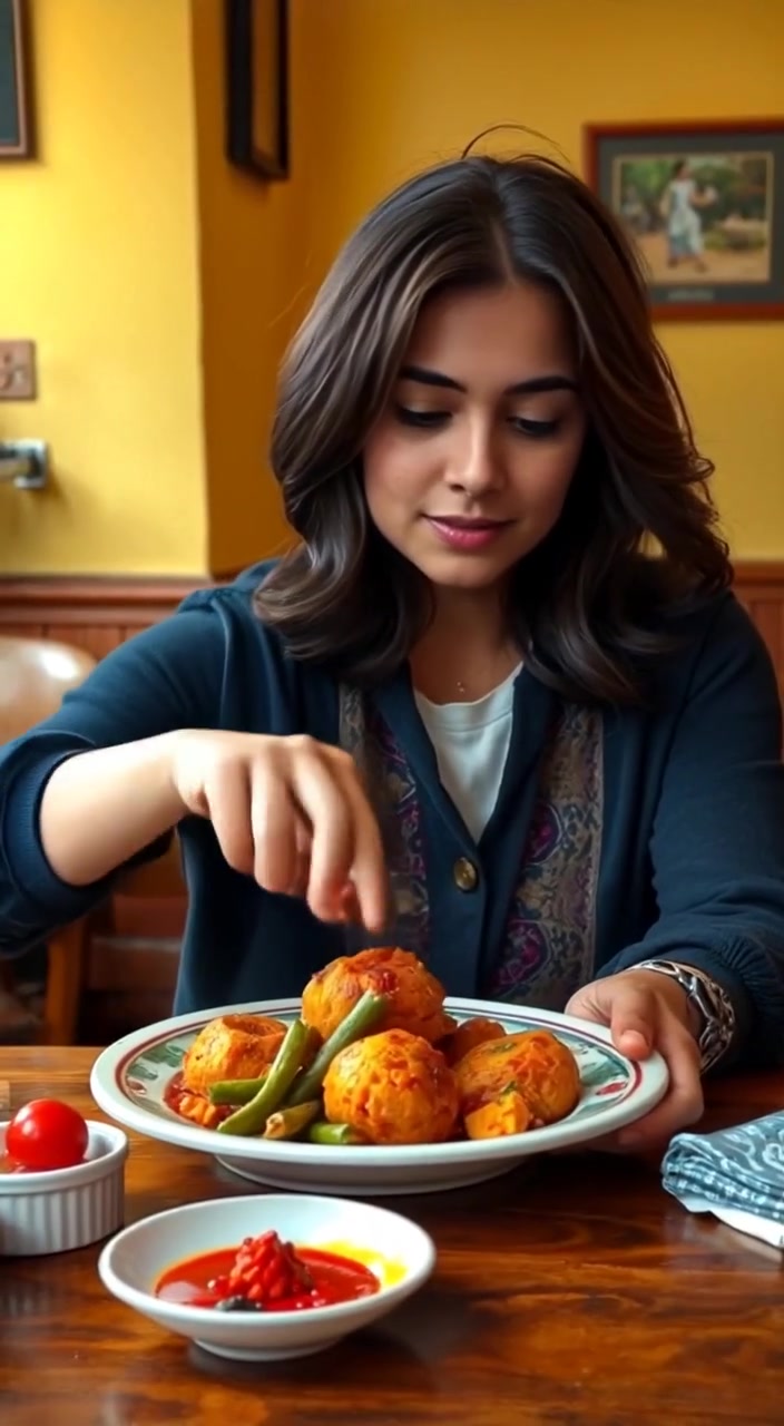 The woman gently stirs her dish of colorful spices, savoring the aromatic flavors at the wooden table.