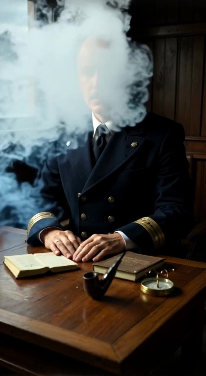 The smoke gently rises from the captain's pipe, swirling in the dim light of the cabin.