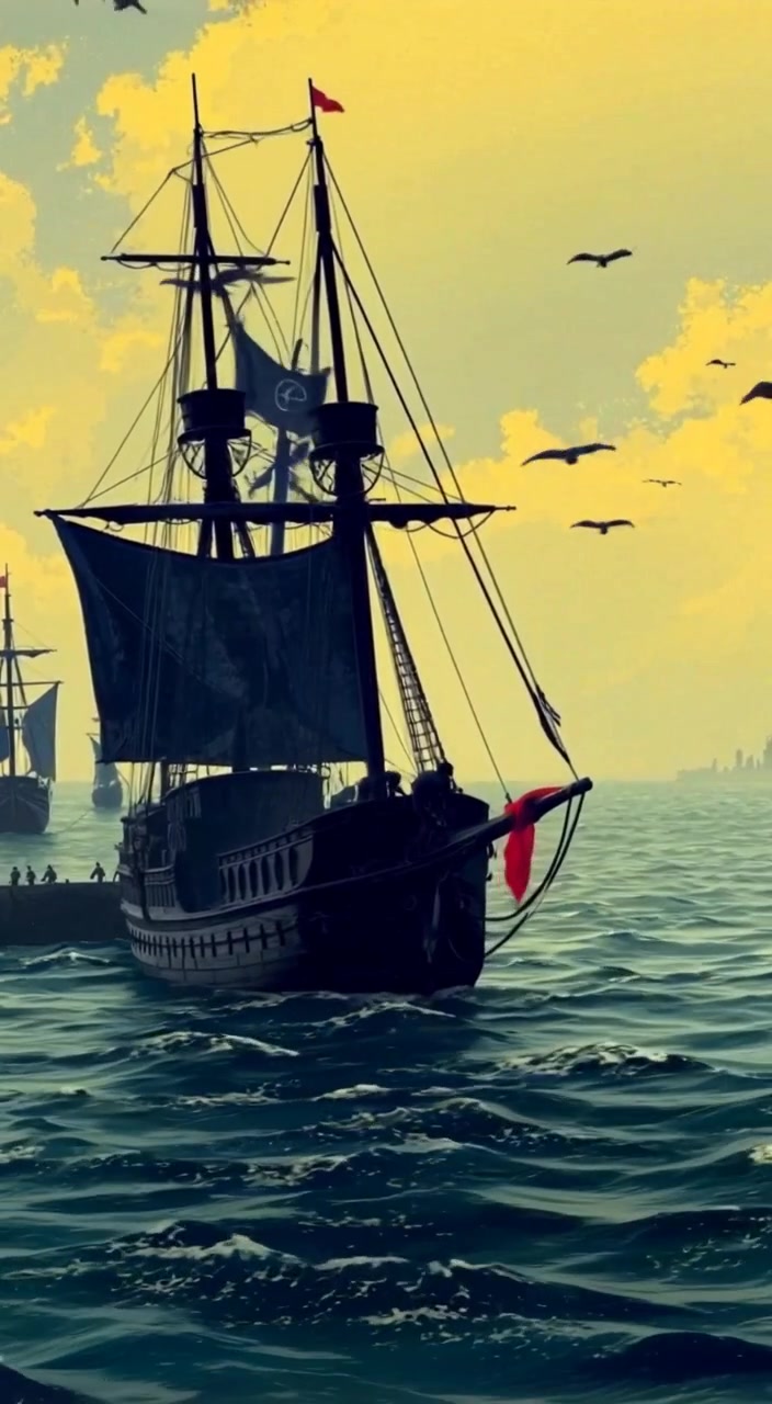 Gentle waves lapping against the hull of the brigantine as sailors move about, tying ropes and securing sails.