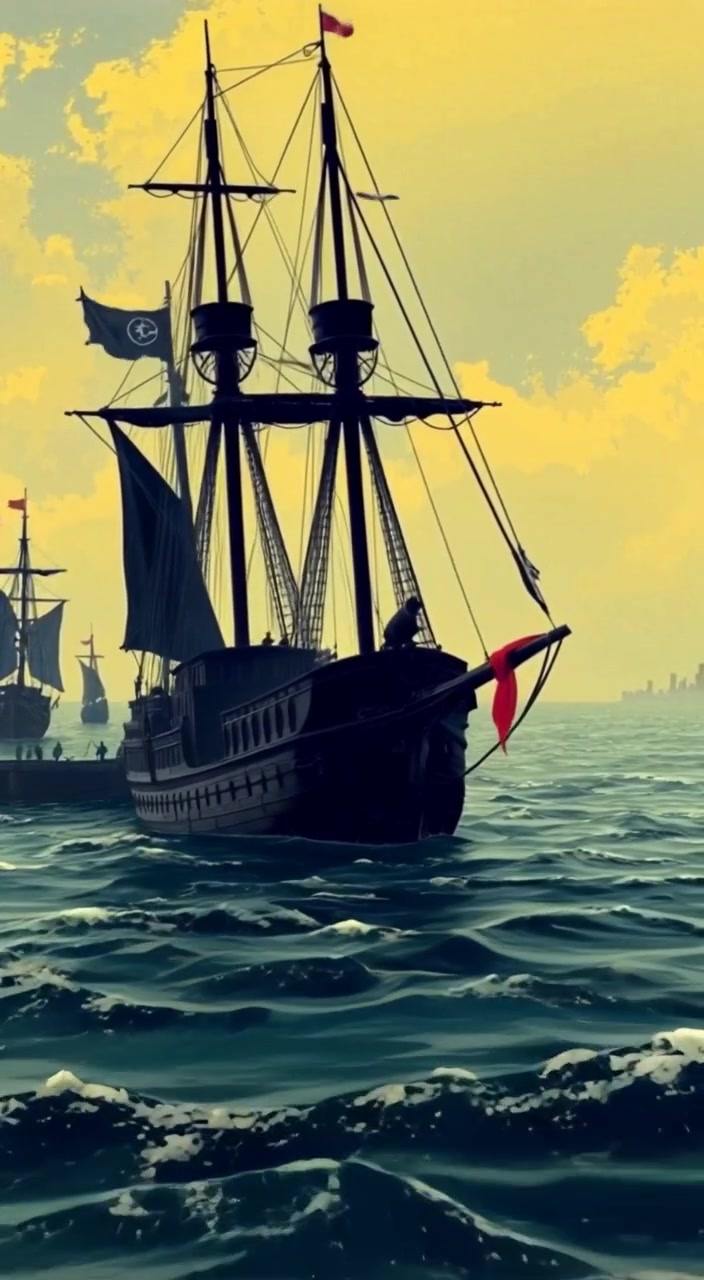 Sailors move busily around the port, while the brigantine Mary Celeste sways gently at anchor in the calm water.
