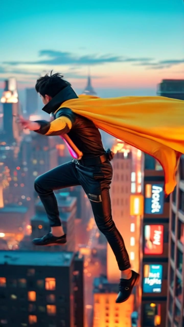 Subject: A figure in mid-leap from a high rooftop, equipped with a jet-assisted cloak that billows dramatically behind him. Subject movement: The character propels downward through the air with dynamic energy and confidence. Scene: A cityscape with towering buildings under a vibrant sunset, the skyline giving a sense of height and adventure. Style: Warm, glowing sunset lighting creating dramatic shadows and highlights. Motion: Camera follows the leap with a dramatic panning shot, capturing the exhilarating descent and the expansive city below.