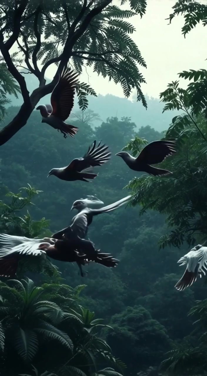 Birds soar into the sky in a flurry, startled by movement in the dense jungle canopy.