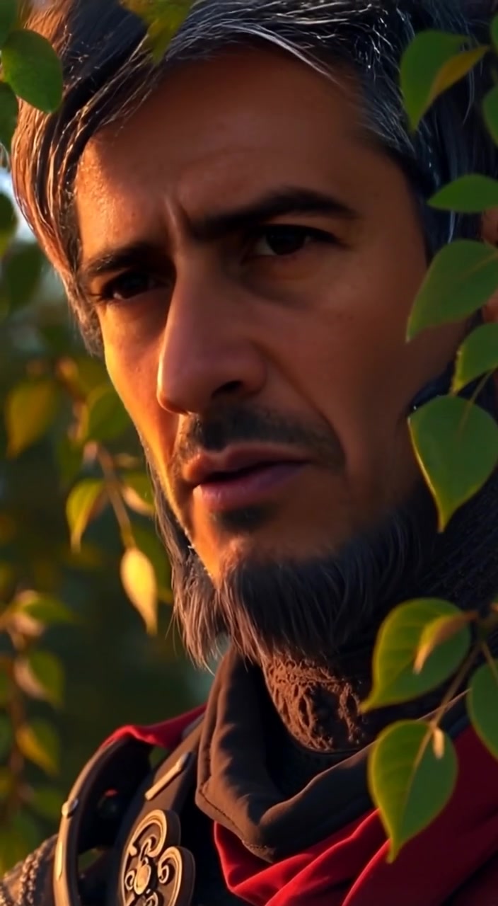 The man speaks softly as leaves gently rustle in the background.
