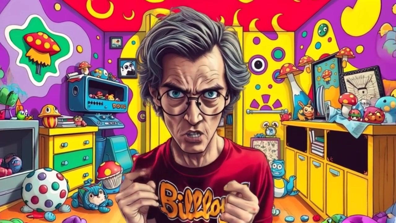 Subject (Messy hair, Pajamas, Frustrated expression, Scattered toys) + Subject enters the room briskly and stops in the center + Scene (Messy bedroom with scattered toys) + Camera Language 'Push in', Lighting 'Soft ambient light', Atmosphere 'Chaotic'