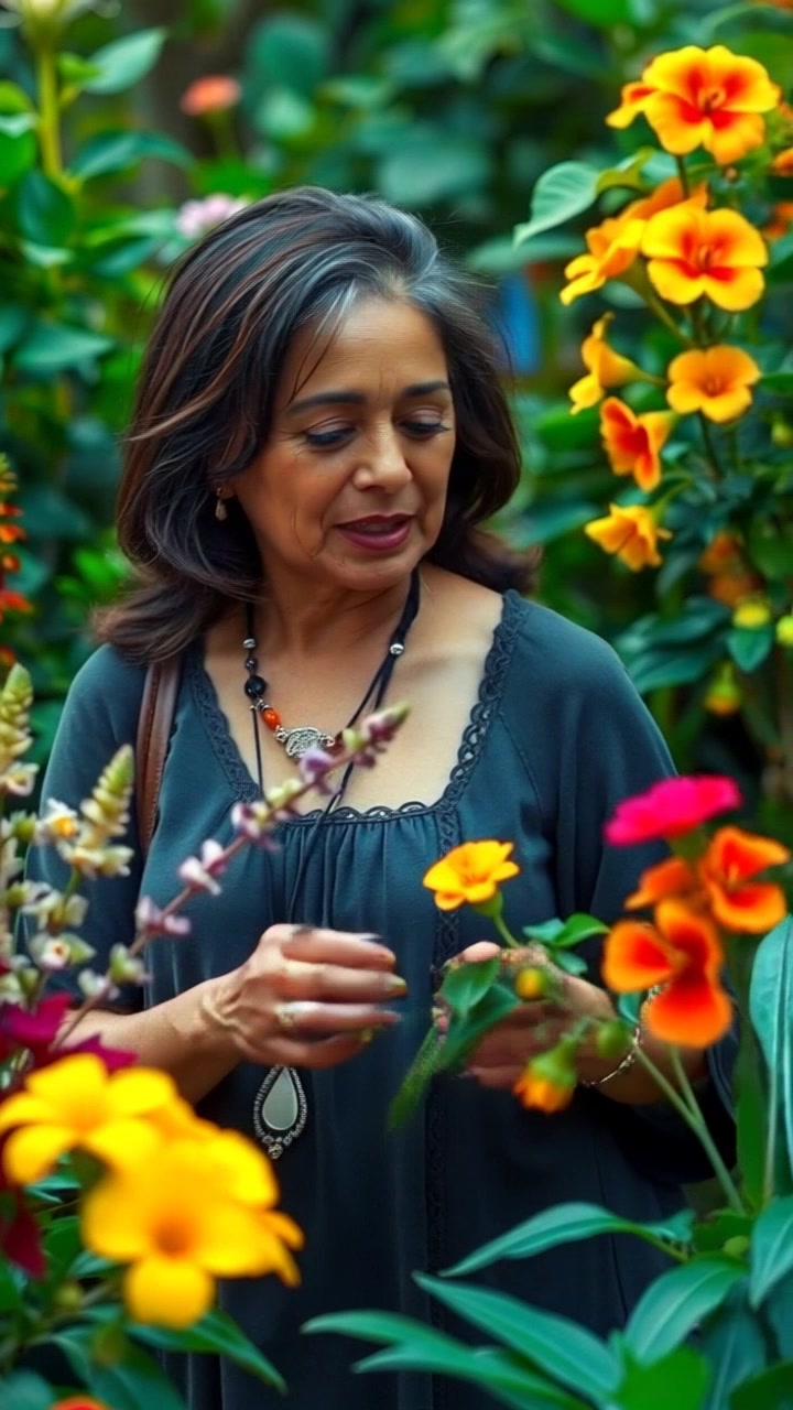Subject: A person tending to her garden. Subject movement: She moves gracefully among the plants, gently touching the leaves and talking to them. Scene: A vibrant garden full of lush green foliage and blooming colorful flowers. Style: Bright, natural lighting filtering through the leaves, creating a lively and inviting atmosphere. Motion: Camera pans smoothly through the garden, capturing the beauty of the flowers and the intimate connection between the person and her plants.