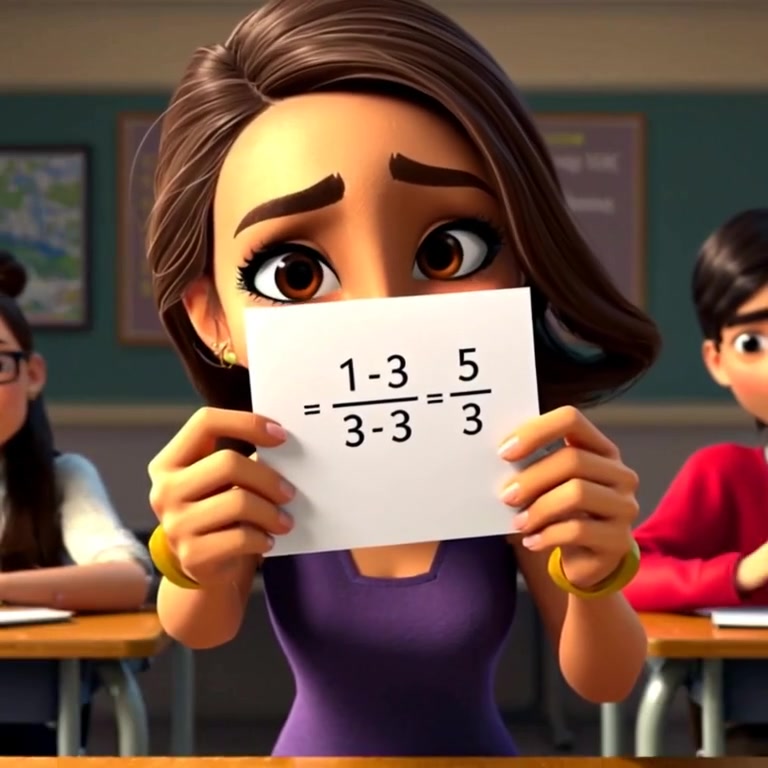 The woman gently points to the fraction example while students engage quietly at their desks in the background.