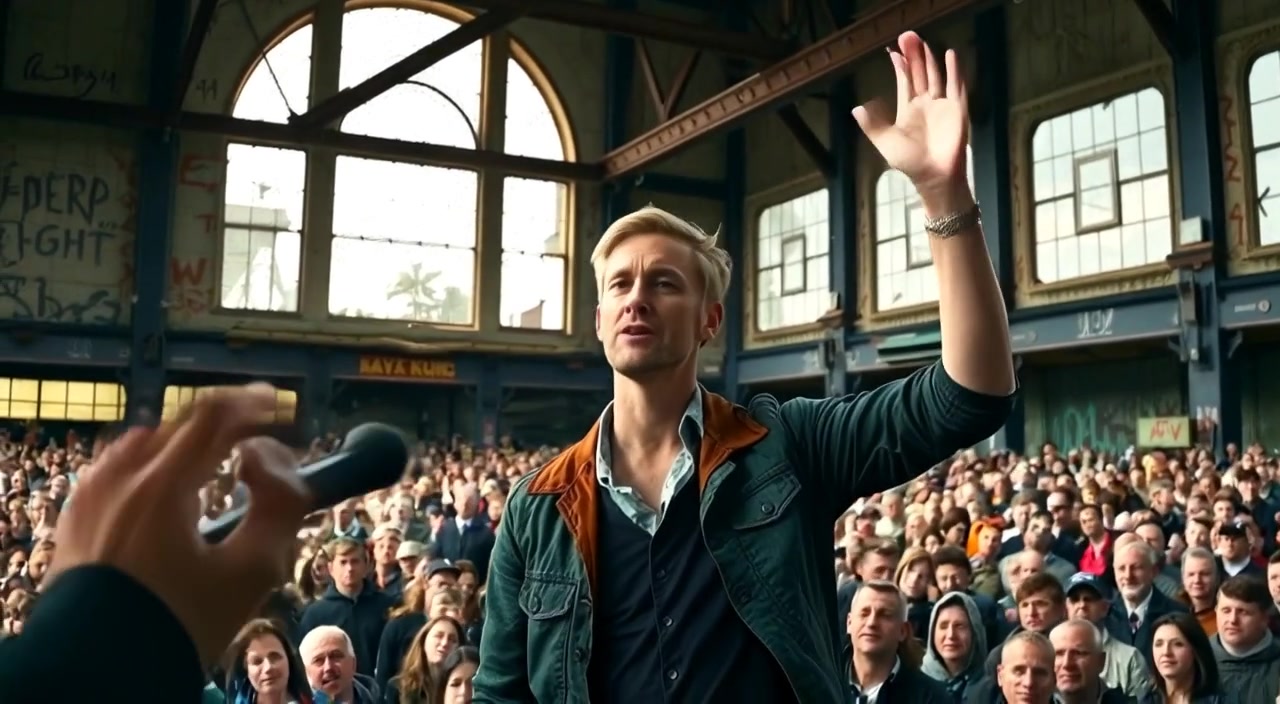 The man gestures passionately with his hand as the crowd listens intently, the atmosphere charged with emotion.