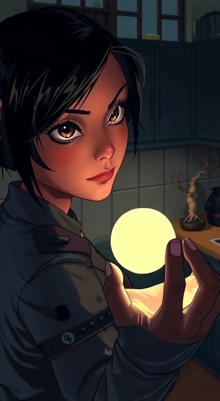 A close-up of Akari's hand as the glow from the orb fades, with her brown eyes wide in curiosity.