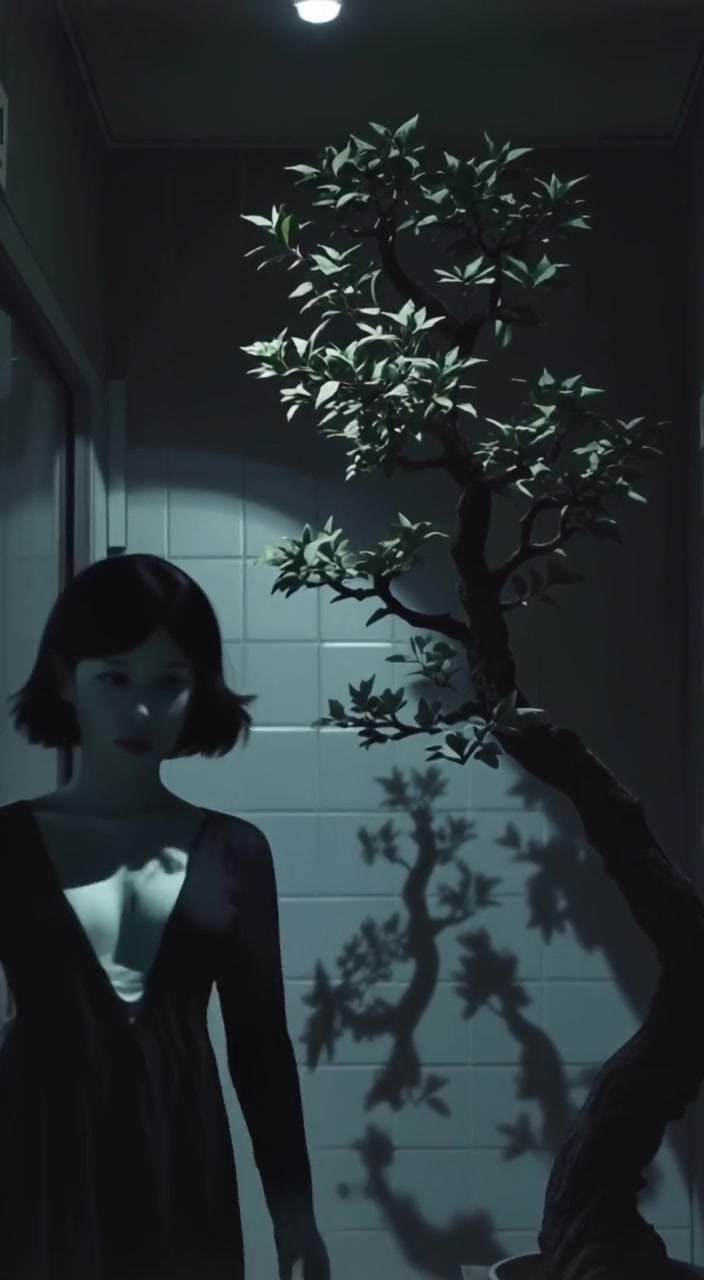 Akari, with a surprised expression, stands next to a large bonsai tree in a garden.