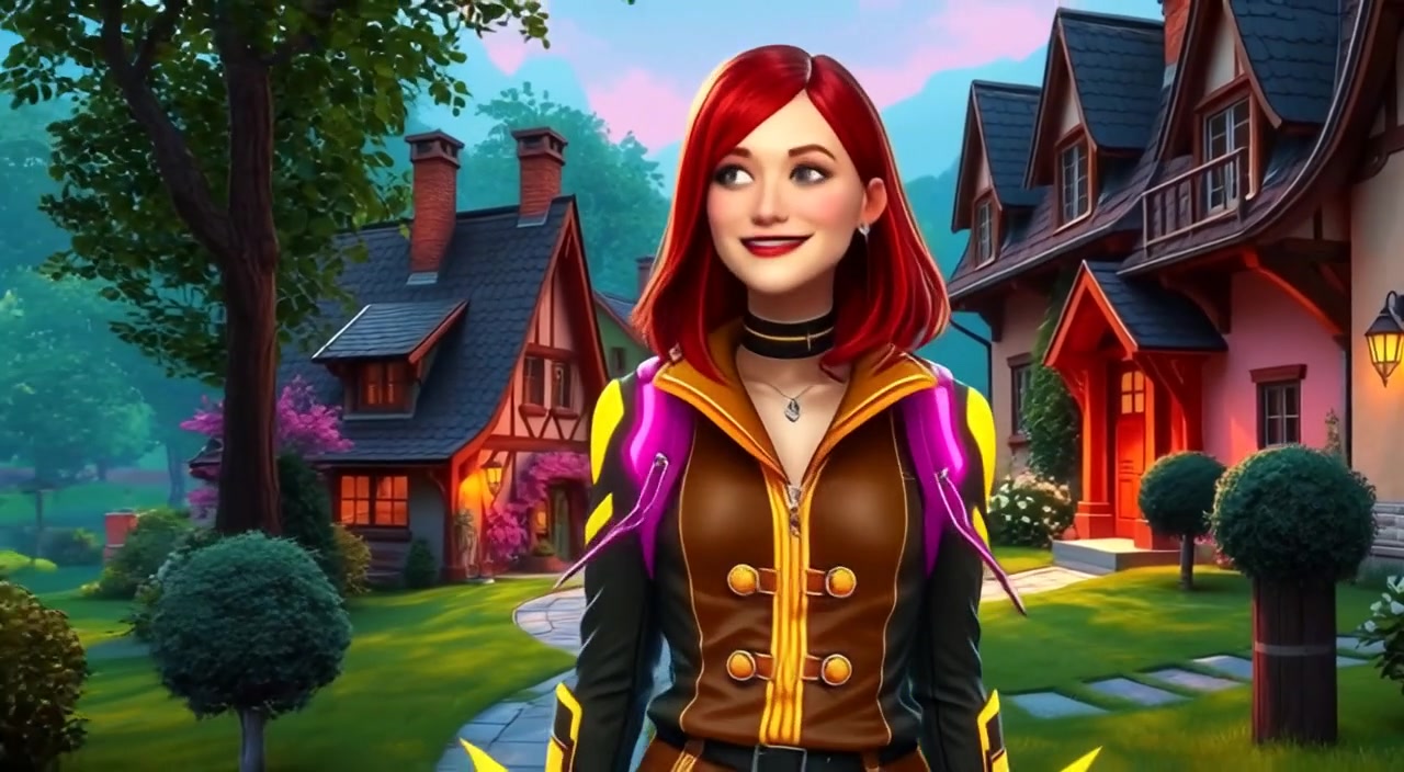 The woman strolls along a charming village path, smiling as she admires the quaint houses around her.
