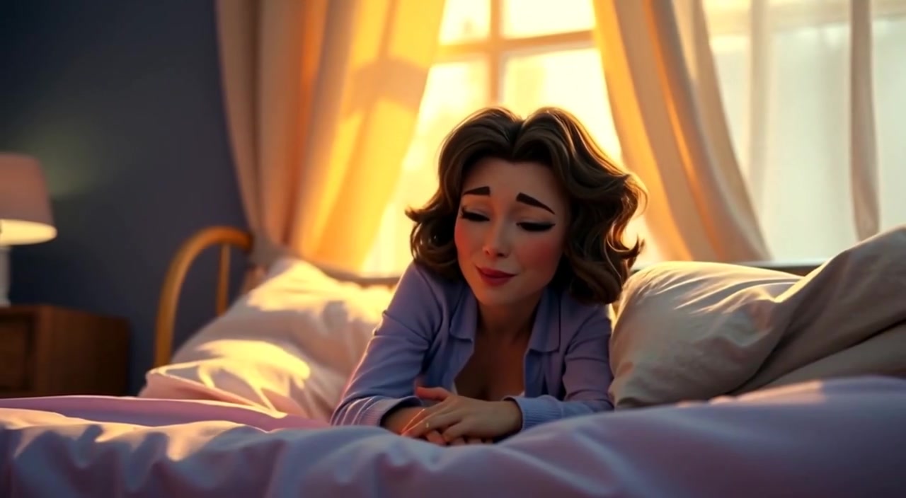 Morning light gently filters through curtains as the woman stretches and yawns in the soft glow of her bedroom.