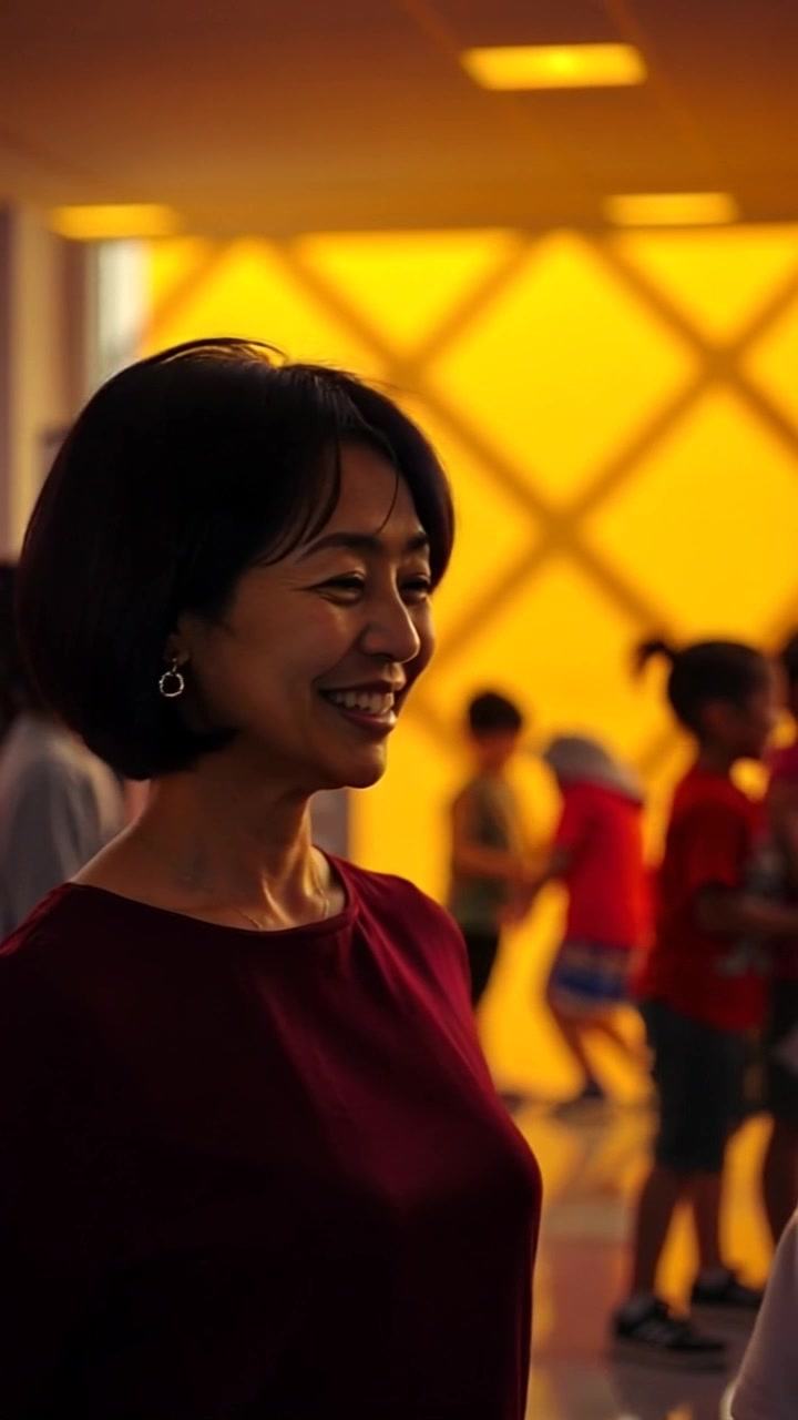 Ibu, smiling warmly, stands in a bustling room filled with playful children. Slowly dolly into a closeup shot on Ibu's face, capturing her joy. Soft ambient lighting enhances the warm and inviting atmosphere of the scene.