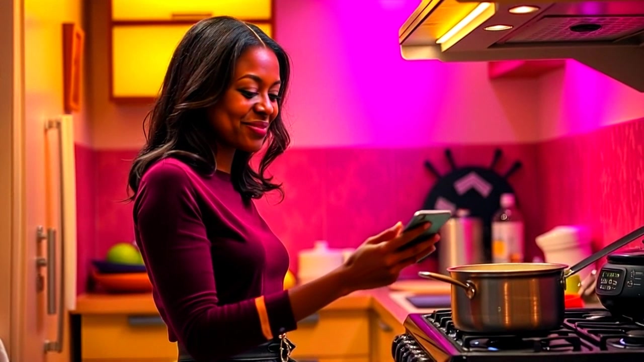 Subject: A warm and joyful figure in a cozy kitchen. Subject movement: She stirs a pot on the stove with a gentle, rhythmic motion, her smile radiating warmth. Scene: A quaint kitchen filled with homey decorations, bright colors, and natural light filtering through a window. Style: Soft, inviting morning light creating a cheerful atmosphere. Motion: The camera gently pushes in, capturing the details of the pot and the textures of the kitchen, while maintaining a warm focus on her genuine smile.