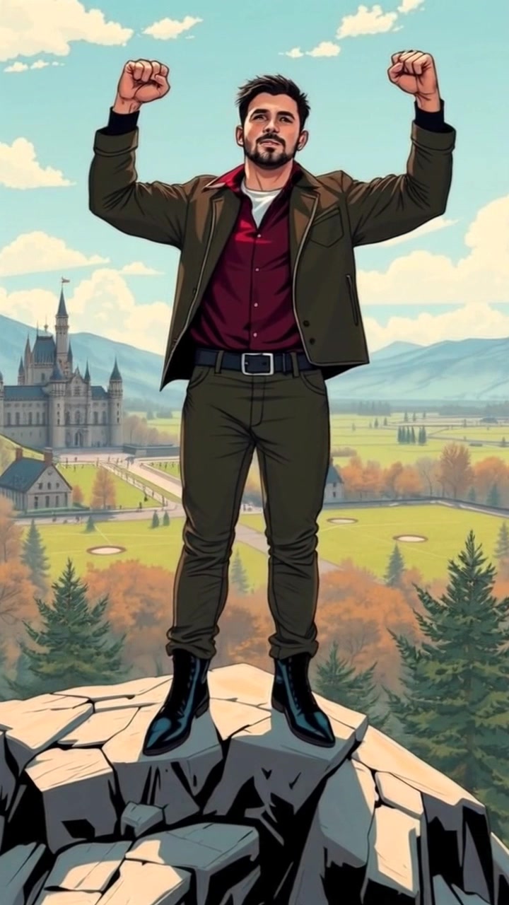 Iron Man standing triumphantly on a rocky mountain top, overlooking a valley with a sunset in the background.