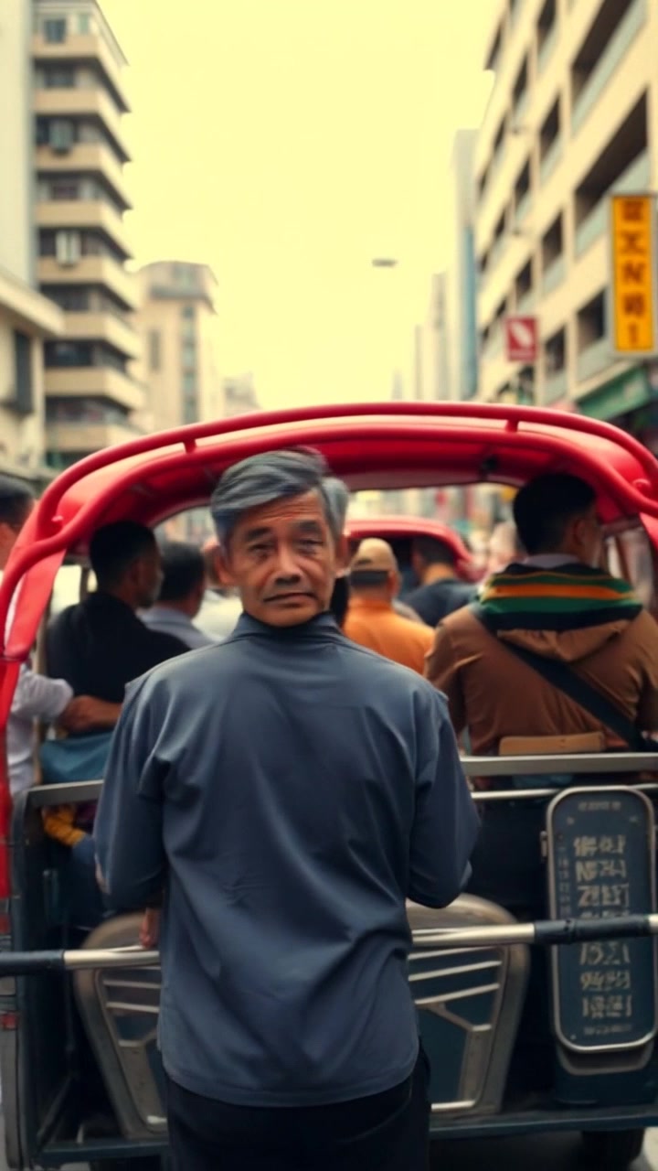 A busy Jakarta street with Pak Joko's angkot filled with passengers.