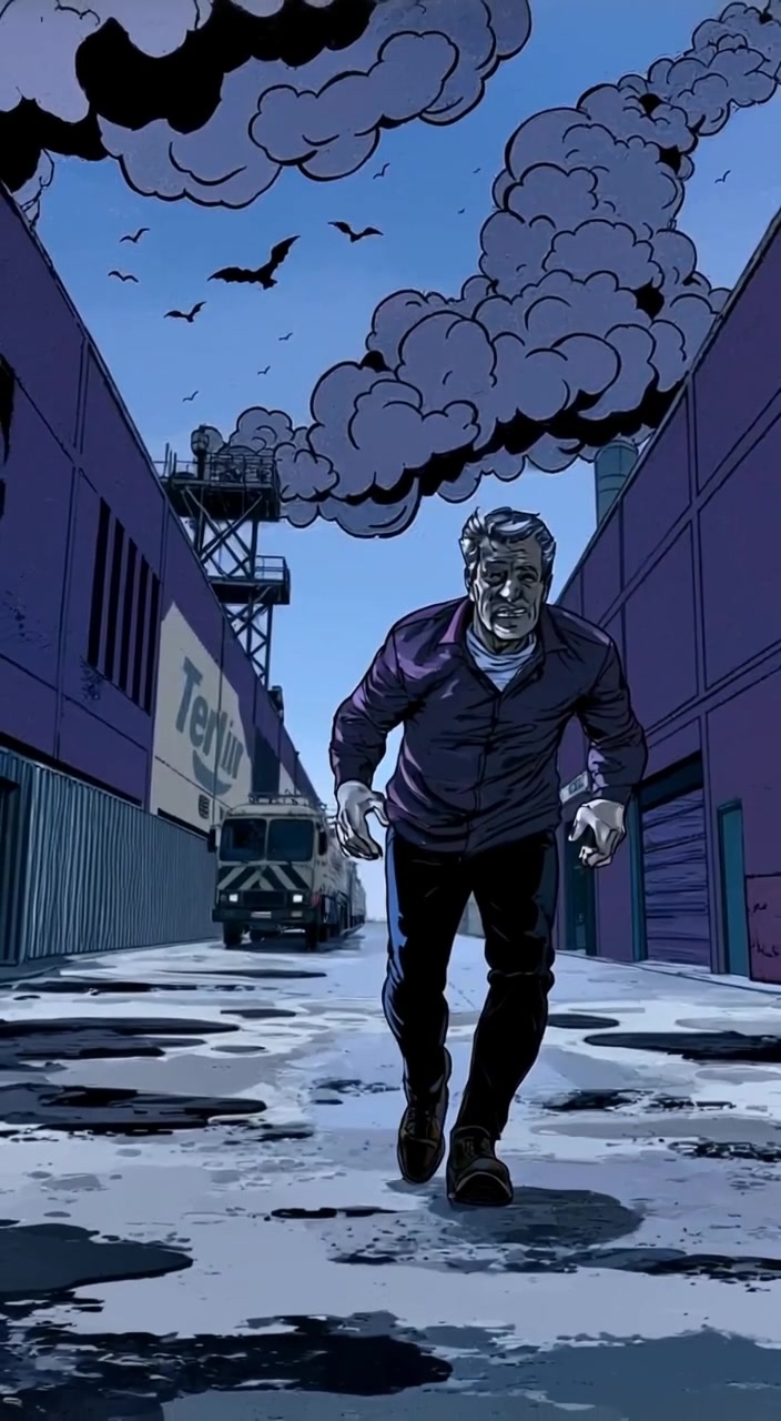 The man runs towards the warehouse as dark clouds loom above, creating an urgent atmosphere.