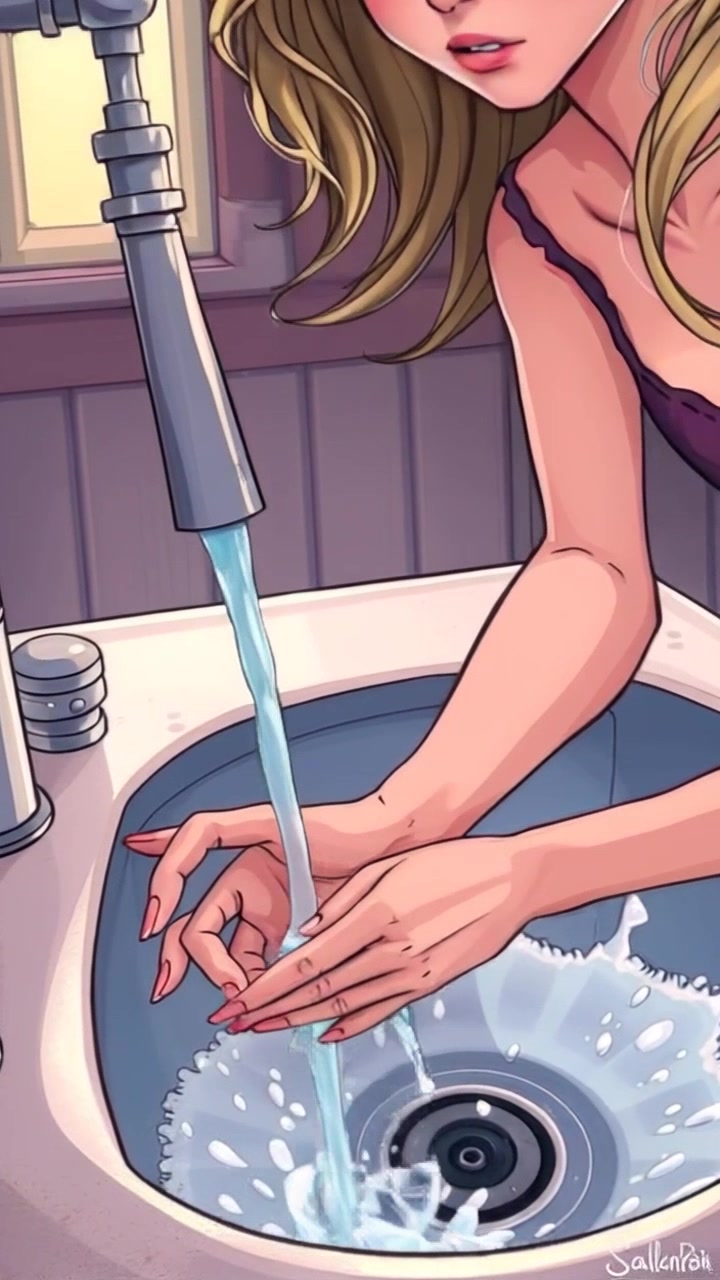 Subject: A person rinsing their hands under running water in a modern kitchen sink. Subject movement: The hands move rhythmically, the water cascading over them in shimmering streams. Scene: A bright, contemporary kitchen setting with sleek counters and stainless steel appliances. Lighting: Ambient natural light flooding the space, creating a fresh and clean atmosphere. Motion: The camera moves in for a close-up, smoothly tracking the movement of the hands as water splashes, capturing the glistening droplets in exquisite detail.