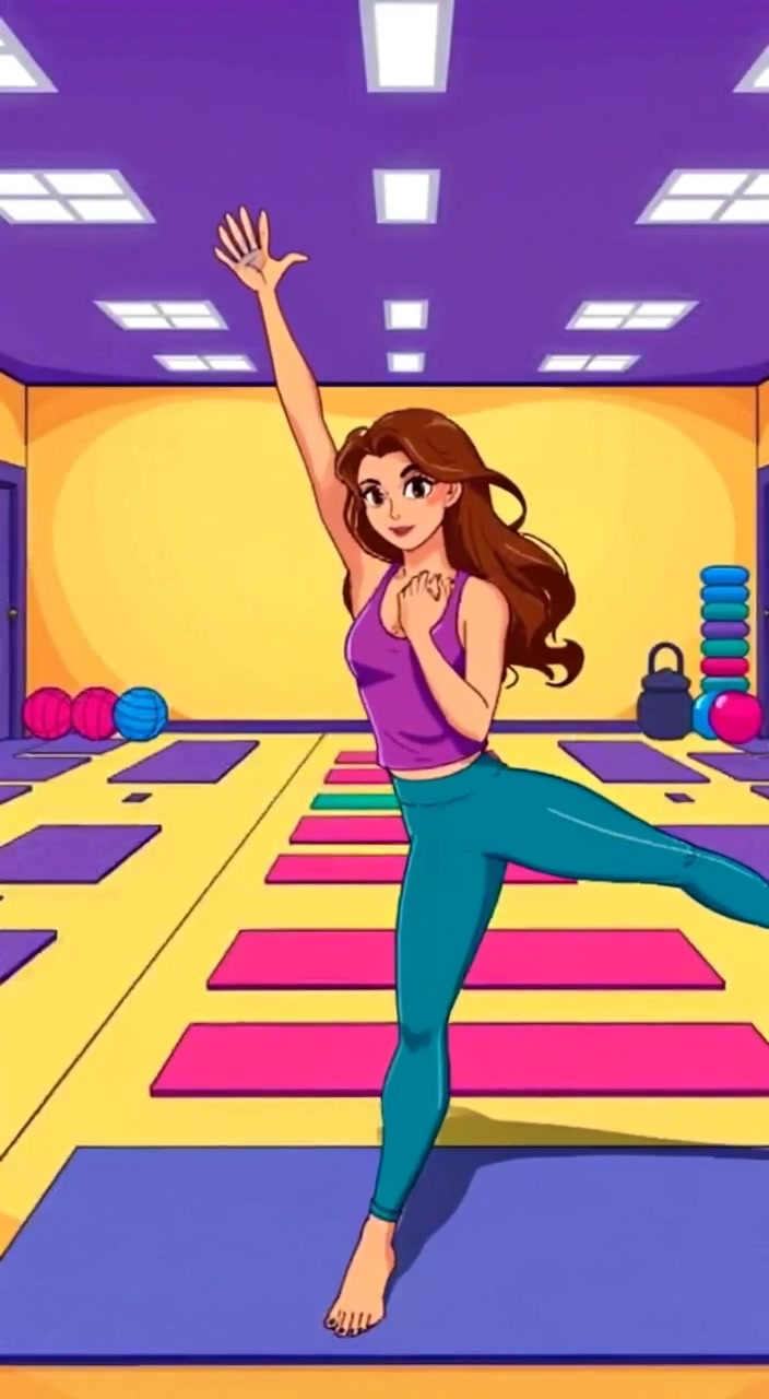 The woman gracefully stretches, demonstrating a warm-up in a bright fitness studio with yoga mats lined up.