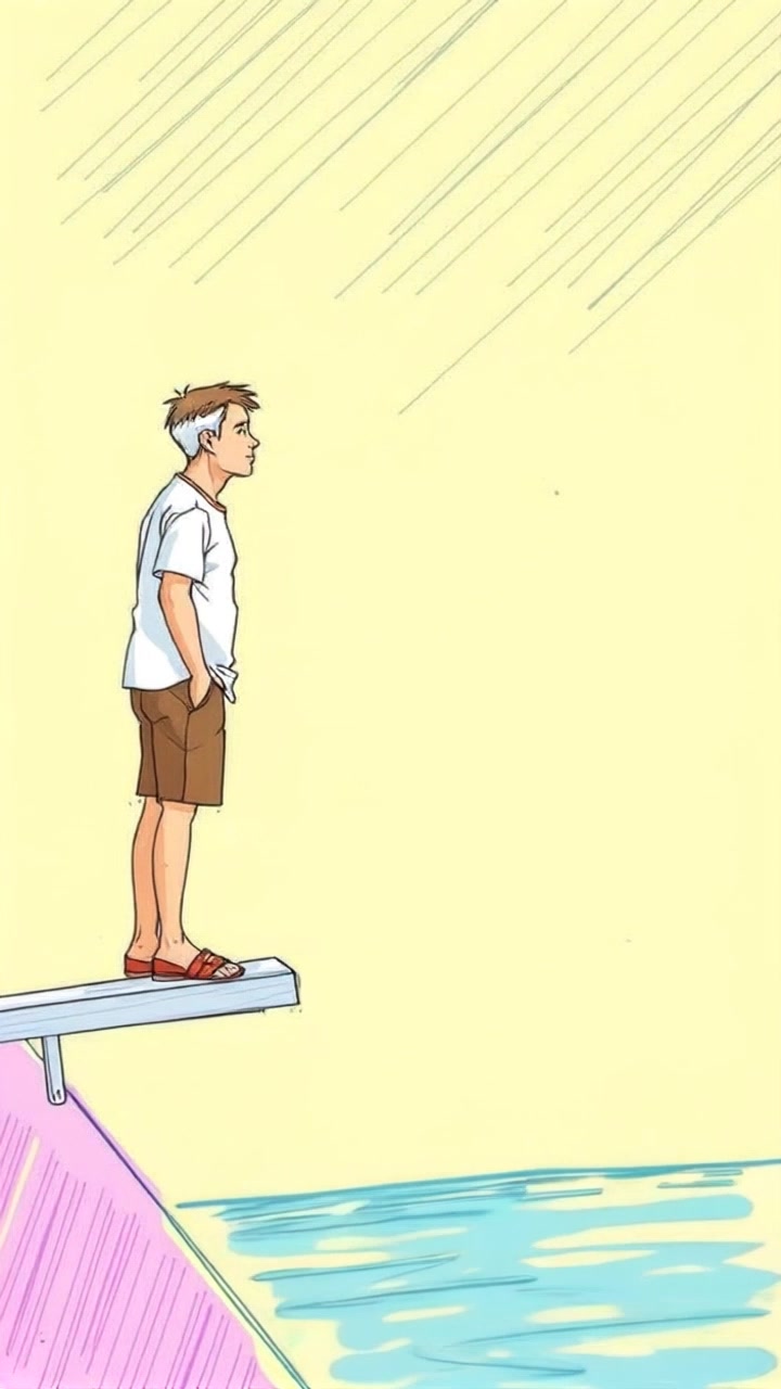 Subject: A hesitant figure on the diving board. Subject movement: The figure takes a small step forward, peering anxiously at the shimmering water below. Scene: High above a bright blue swimming pool, surrounded by sunlit deck chairs and palm trees swaying gently in the breeze. Style: Bright, midday lighting with sparkling reflections on the water. Motion: The camera slowly pushes in on the figure, capturing their expression of uncertainty while the soft sounds of water splashing echo in the background.