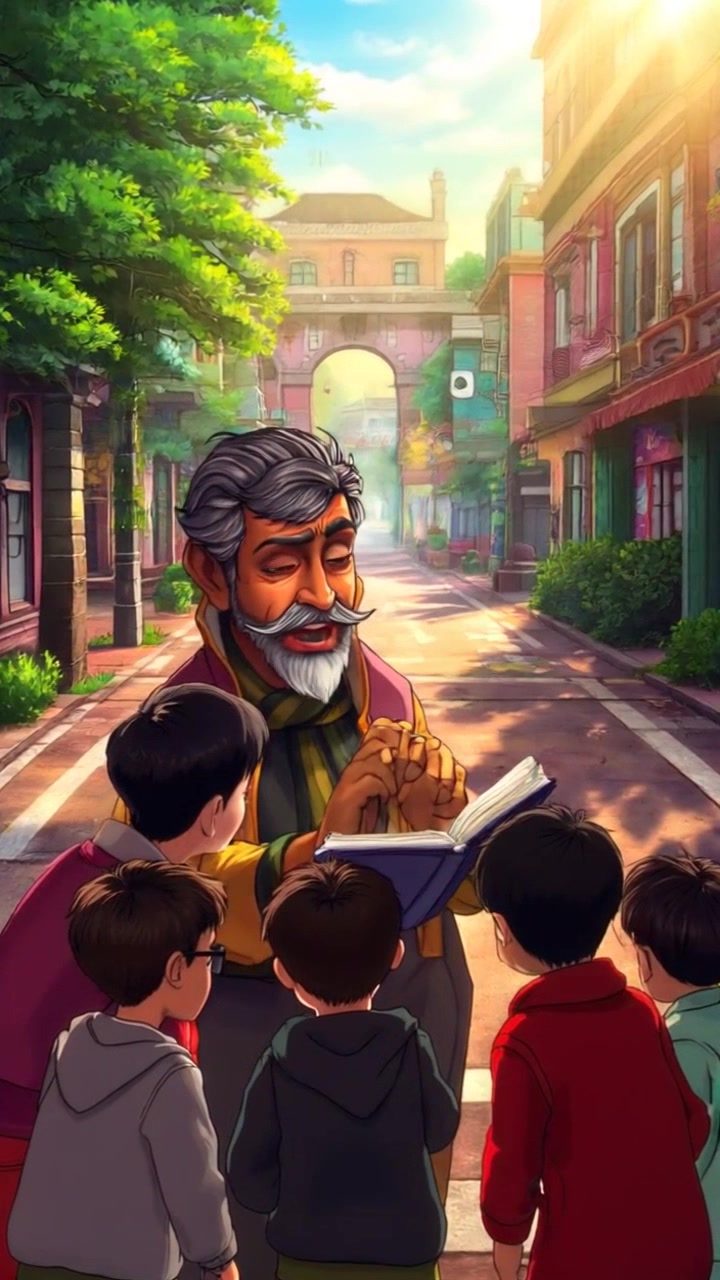 Subject: A man animatedly sharing stories. Subject movement: The man gestures enthusiastically while recounting tales to eager children who are listening intently. Scene: A vibrant crossroads filled with colorful street art and greenery, sunlight streaming through the leaves. Style: Warm, inviting afternoon light enhancing the cheerful atmosphere. Motion: Camera performs a slow dolly in towards the group, capturing their expressions and the storyteller’s animated gestures.