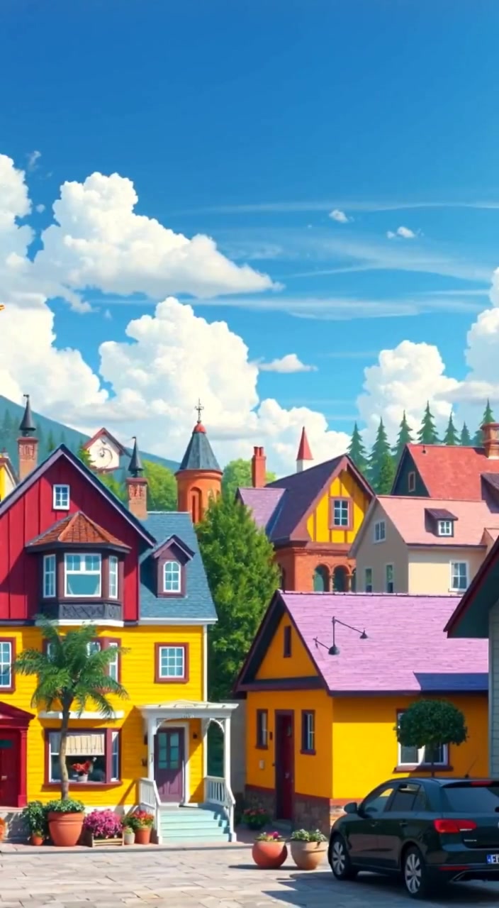 Colorful flowers gently sway in the breeze, framed by the vibrant houses of Happy Ville under a bright blue sky.