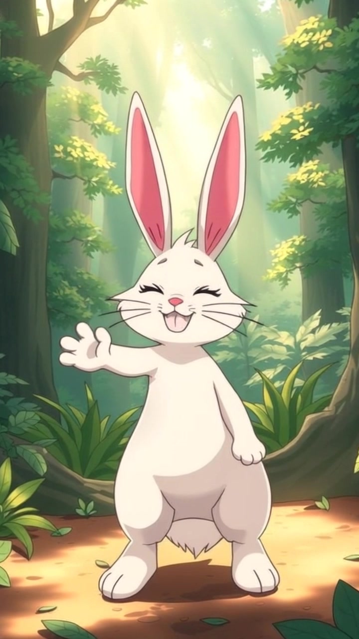 Lulu the rabbit standing in a sunlit forest clearing, smiling and waving at the viewer.
