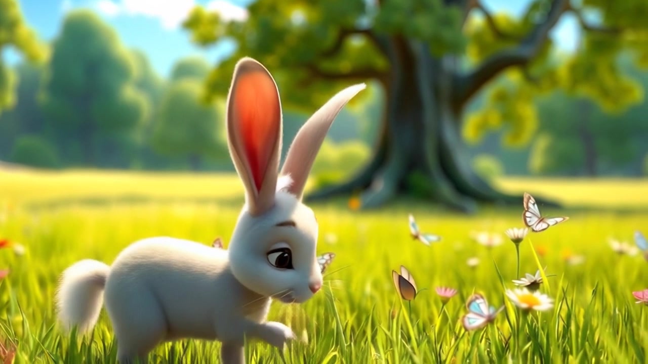 A wide view of a grassy meadow under a clear blue sky, with a small rabbit figure in the foreground looking lost.