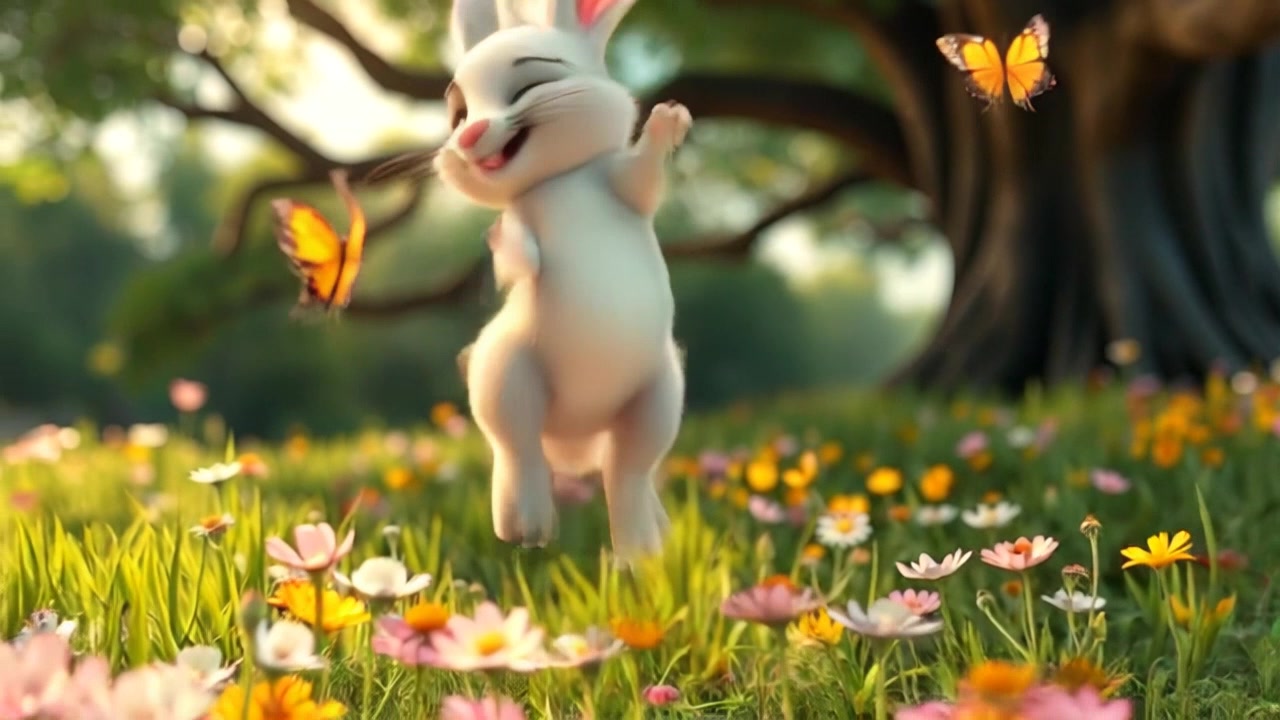 Barnaby chasing a colorful butterfly through a field of wildflowers, looking excited and carefree.