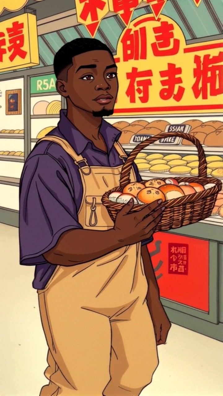 Subject: A hopeful child holding a basket filled with pastries. Subject movement: The child looks around excitedly, bouncing slightly on their feet as they gaze at the bakery stall. Scene: A cozy bakery stall adorned with a variety of delicious pastries, surrounded by warm lighting that accentuates the inviting display. Motion: The camera moves in with a gentle push-in, capturing the details of the pastries while highlighting the child's eager expression. The atmosphere is warm and inviting, creating a sense of joy and anticipation.