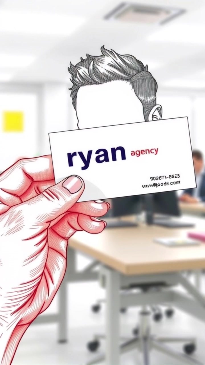 Scene: A business card for 'Timothy Agency Pro' prominently displayed in a hand, with a blurred office background suggesting a professional environment. Style: Soft, ambient lighting enhancing the card's design while subtly contrasting with the muted office tones. Motion: The camera slowly pushes in towards the card, gradually revealing its details while the background remains out of focus.