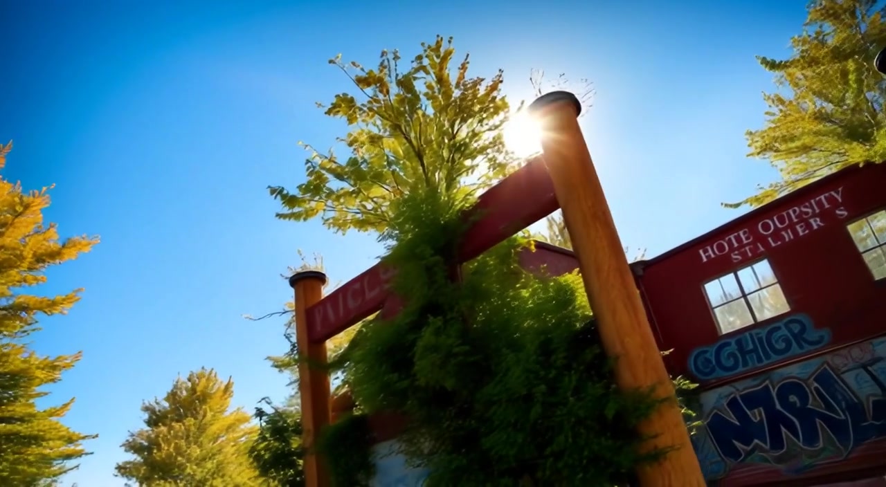 Trees sway gently in the breeze under a bright blue sky on a sunny summer morning.
