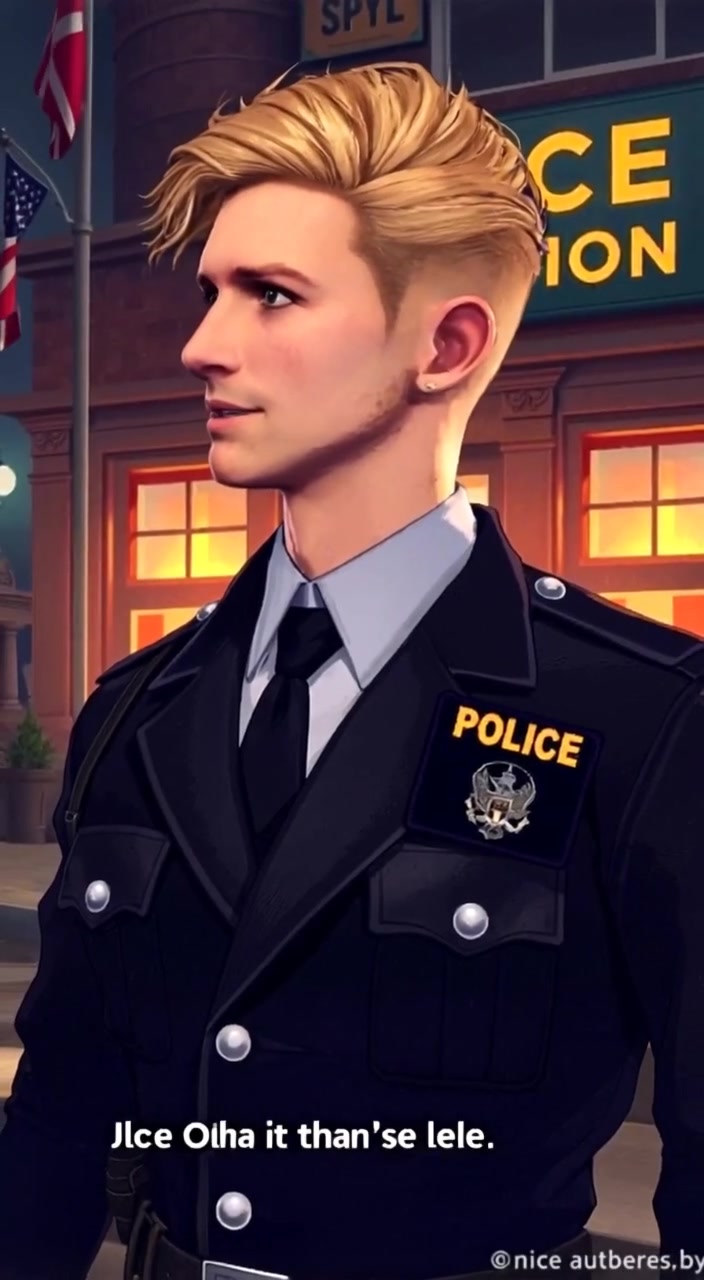 The officer surveys the street while the sun sets behind the police station, casting long shadows.