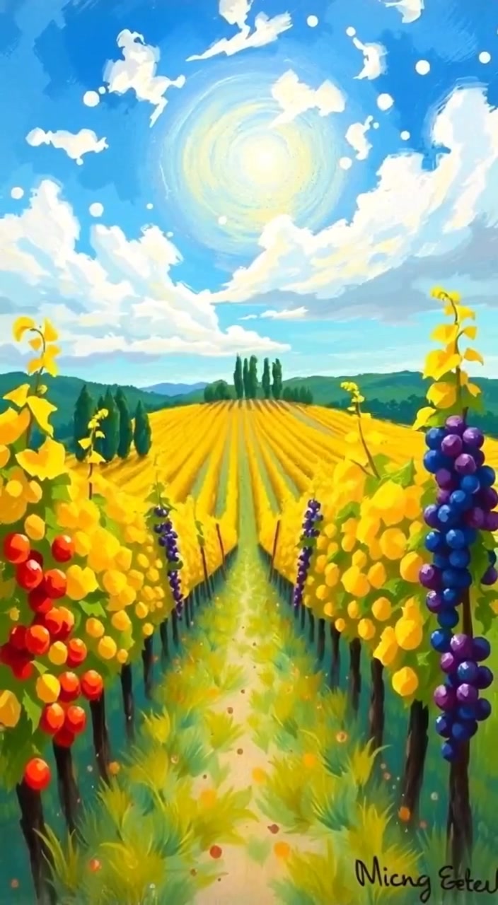Grapes sway gently on the vine as a soft breeze rustles the leaves beneath a bright blue sky.