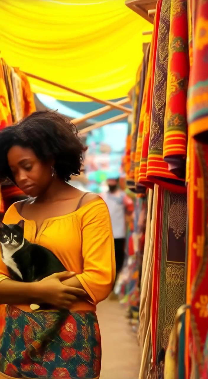 The woman gently touches colorful textiles flowing in the warm sunlight at a bustling market.