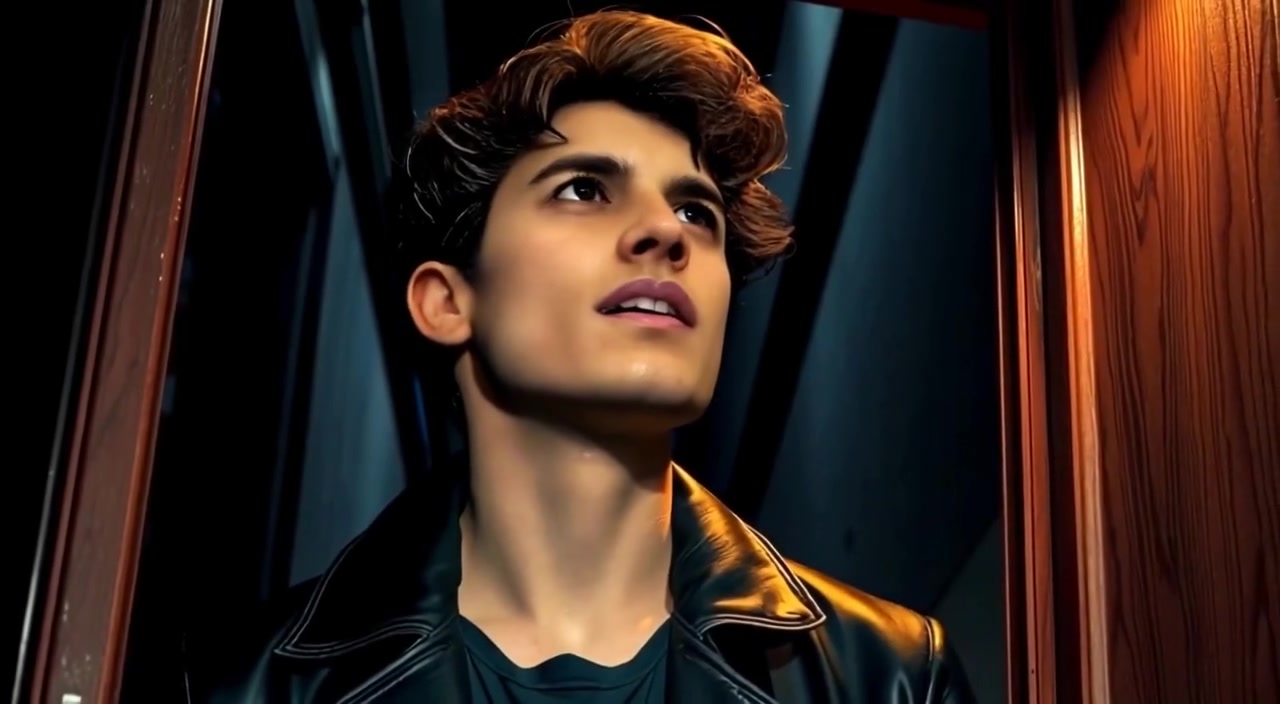 The boy calls out softly, illuminated by a flickering light in the dark room.