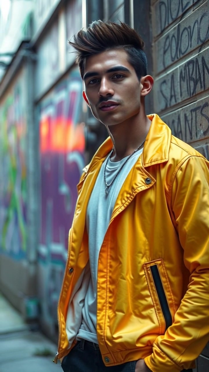 Subject (Casually dressed Drake Thear) + Subject movement (Stands still) + Scene (Graffiti-covered city alley) + Camera Language (Slow pan around) + Lighting (Harsh street light casting shadows) + Atmosphere (Urban and edgy)
