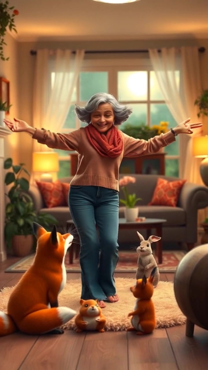 Nani Ji dancing in a forest clearing, surrounded by various animals watching her.