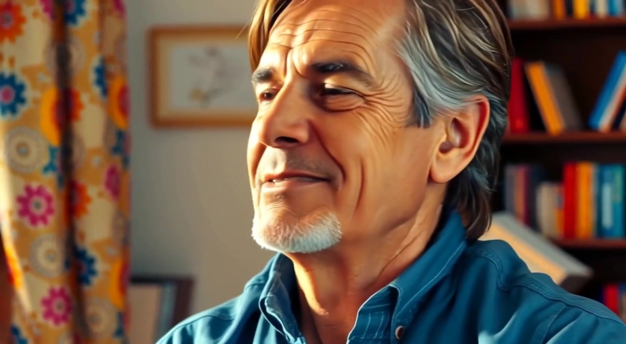 The man exhales deeply, a relieved smile spreading across his face as he gazes into the distance.